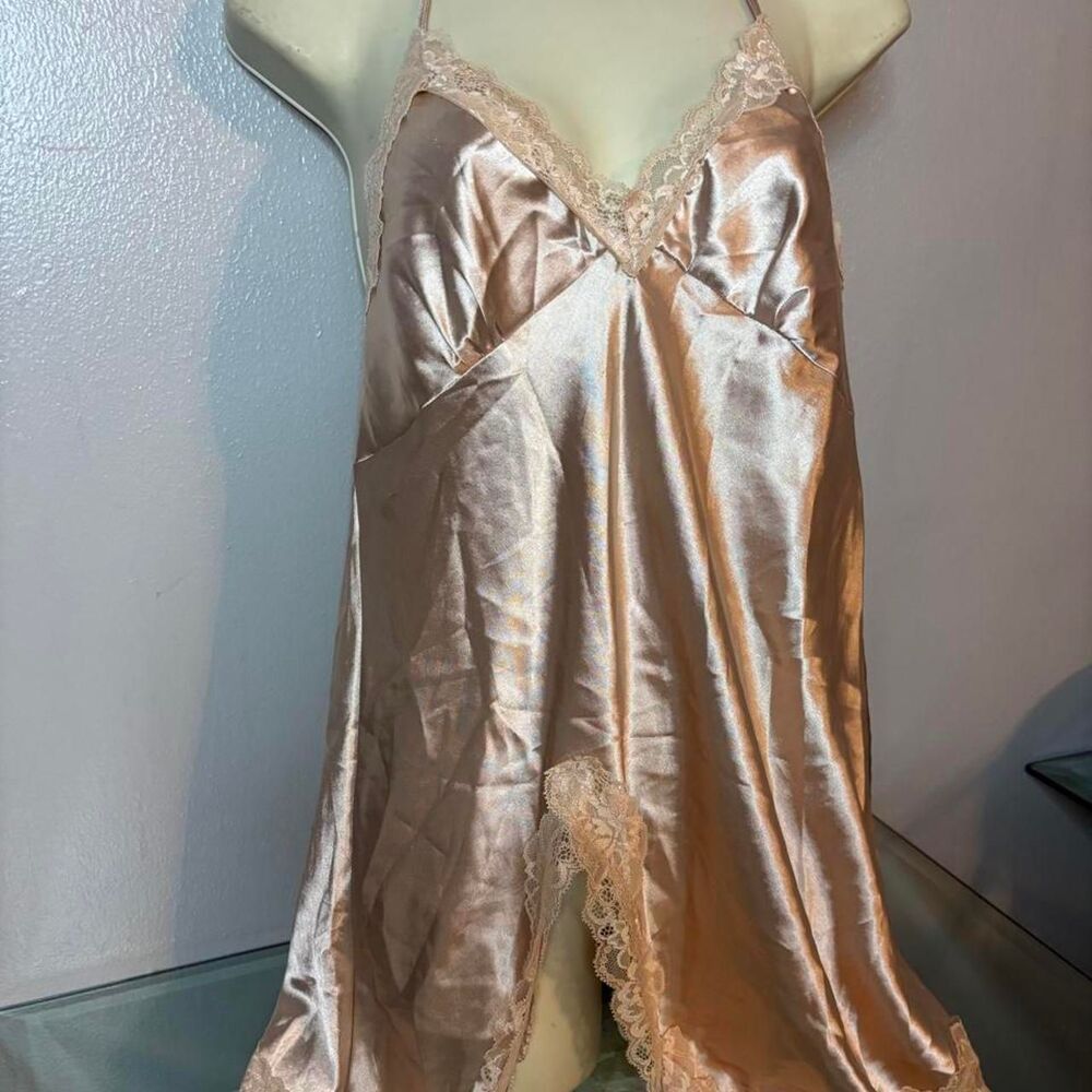Y2K Champagne Satin Lace Slip Dress - Size Medium